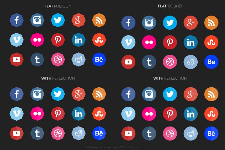 Flat and Polygon social media icons free download, facebook, stumbleupon, twitter, youtube, linkedin,vine,dribbble,tumblr,flickr,google plus,pinterest, reddit, instagram, behance, rss icon download