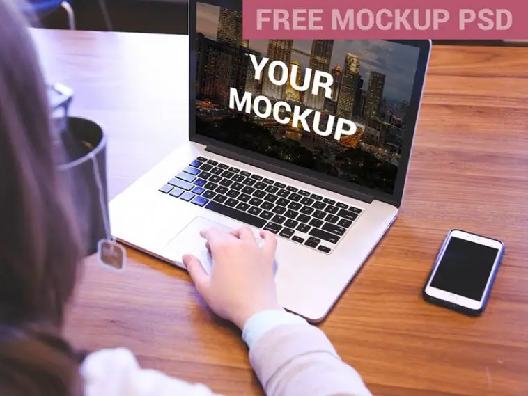 woman using macbook pro mockup